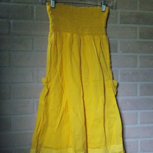 80s Petite X-Small Floral Embroidery Yellow Cotton Halter Peasant Woman Dress - Picture 5 of 6